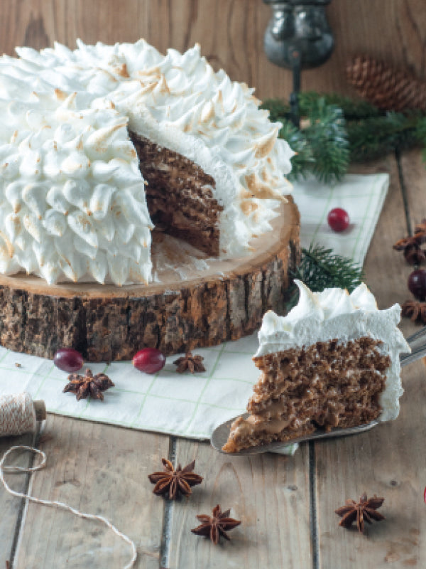 Eine schneeweiße Wintertorte mit getoasteter Meringue-Haube, angeschnitten und auf einer Holzscheibe serviert; daneben ein Stück Torte mit cremiger Schoko-Füllung, dekoriert mit winterlichem Grün und Gewürzen.