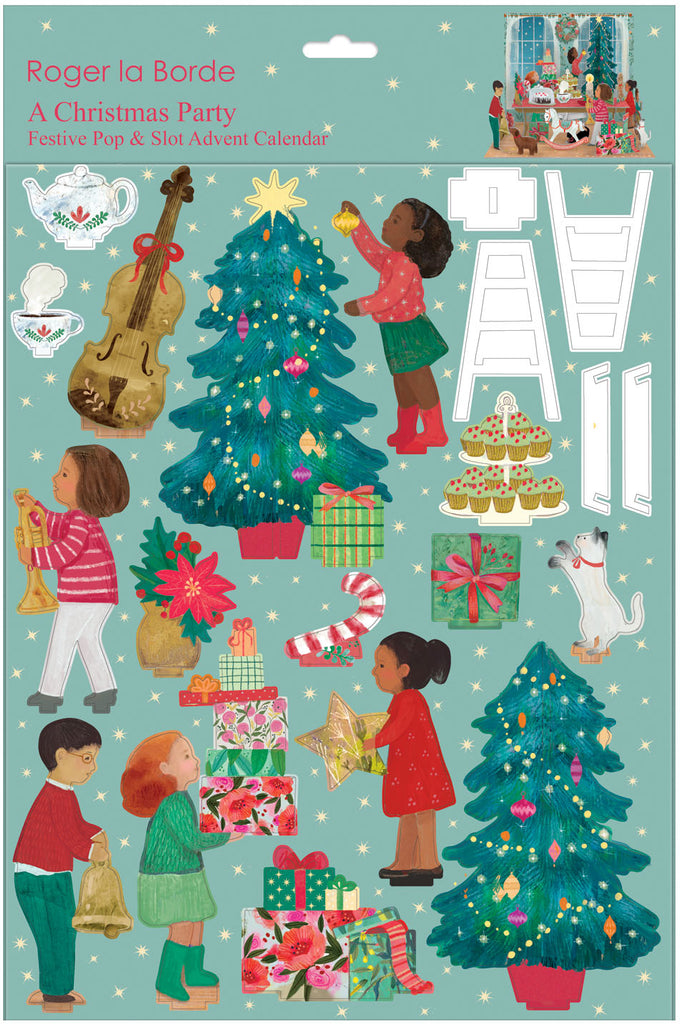 3D-Adventskalender Bogen „A Christmas Party“ mit Kindern beim Schmücken des Weihnachtszimmers, liebevoll illustriert mit Geschenken, Baum, Tieren und festlicher Deko