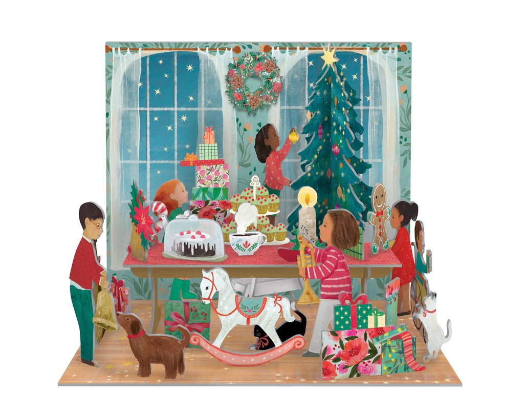 3D-Adventskalender „A Christmas Party“ mit Kindern beim Schmücken des Weihnachtszimmers, liebevoll illustriert mit Geschenken, Baum, Tieren und festlicher Deko