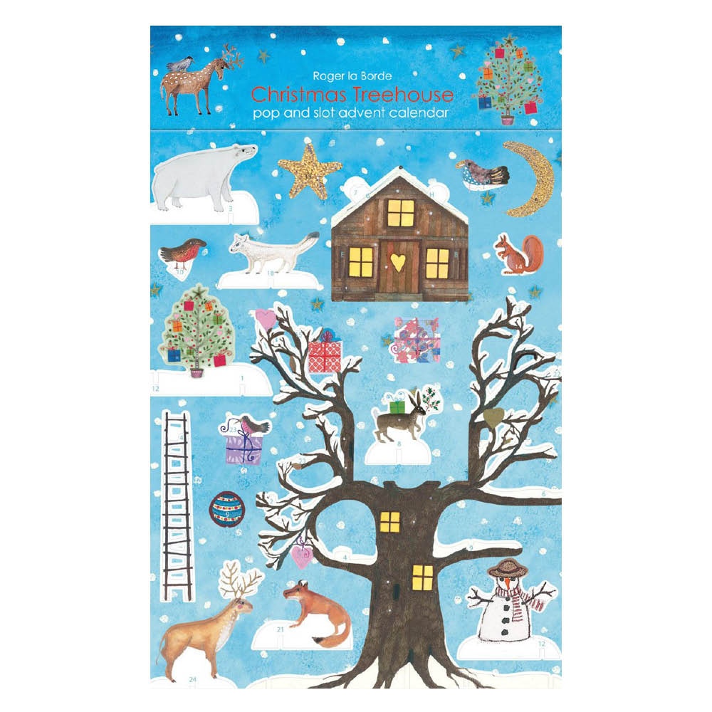 Bogen 3D-Adventskalender „Christmas Treehouse“ mit winterlichem Baumhaus, Waldtieren, Schneemann und liebevollen Dekoelementen aus Pappe