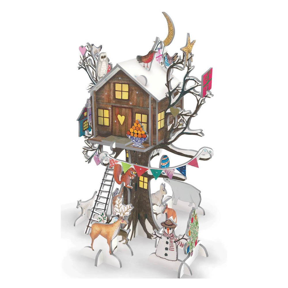 3D-Adventskalender „Christmas Treehouse“ mit winterlichem Baumhaus, Waldtieren, Schneemann und liebevollen Dekoelementen aus Pappe