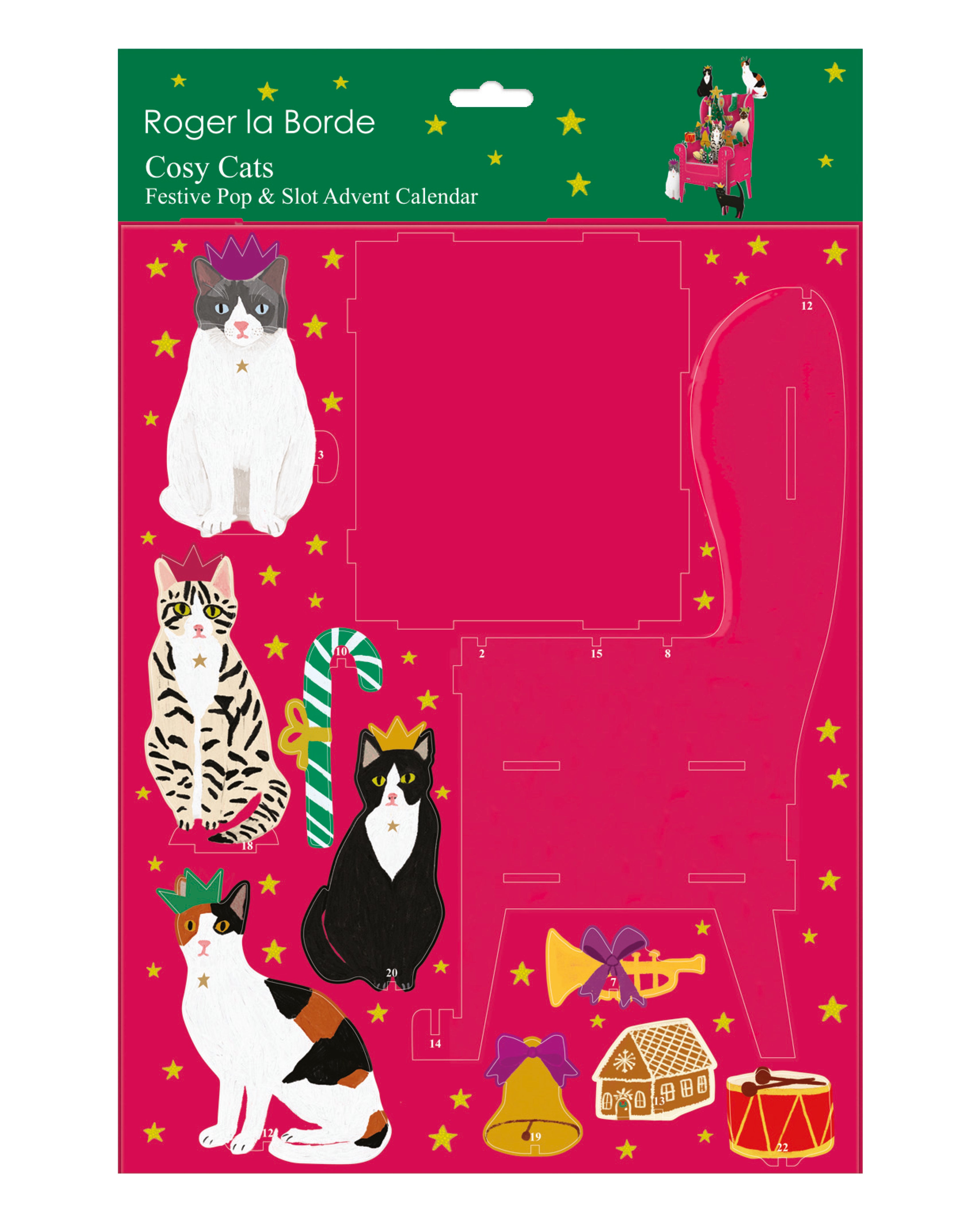 3D-Adventskalender „Cosy Cats“ von Roger la Borde mit festlich dekoriertem rosa Sessel, umgeben von liebevoll illustrierten Katzen und Weihnachtsaccessoires.