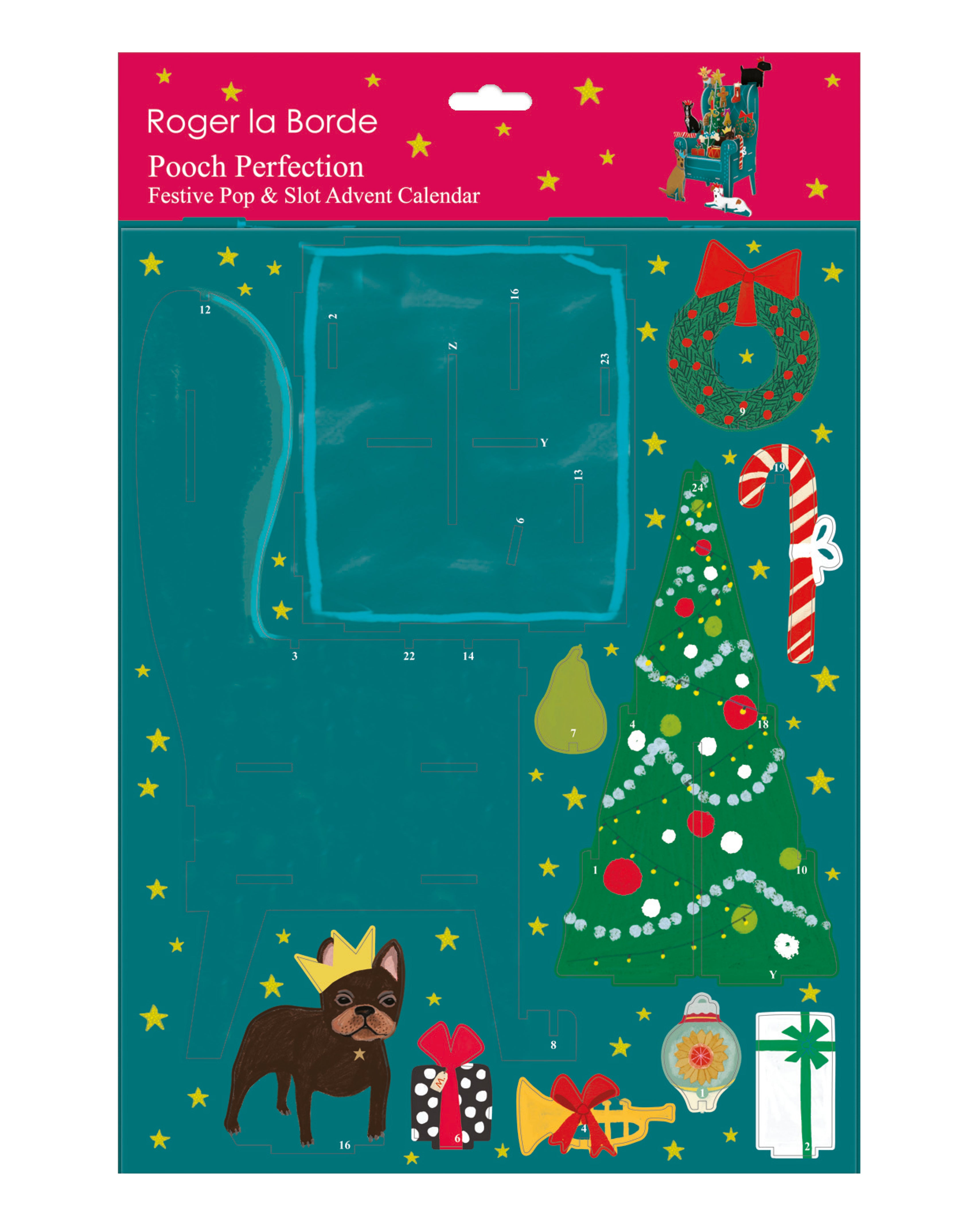 3D-Adventskalender Bogen „Pooch Perfection“ von Roger la Borde mit festlich geschmücktem Sessel, verschiedenen Hunderassen und weihnachtlichen Elementen zum Aufstellen.