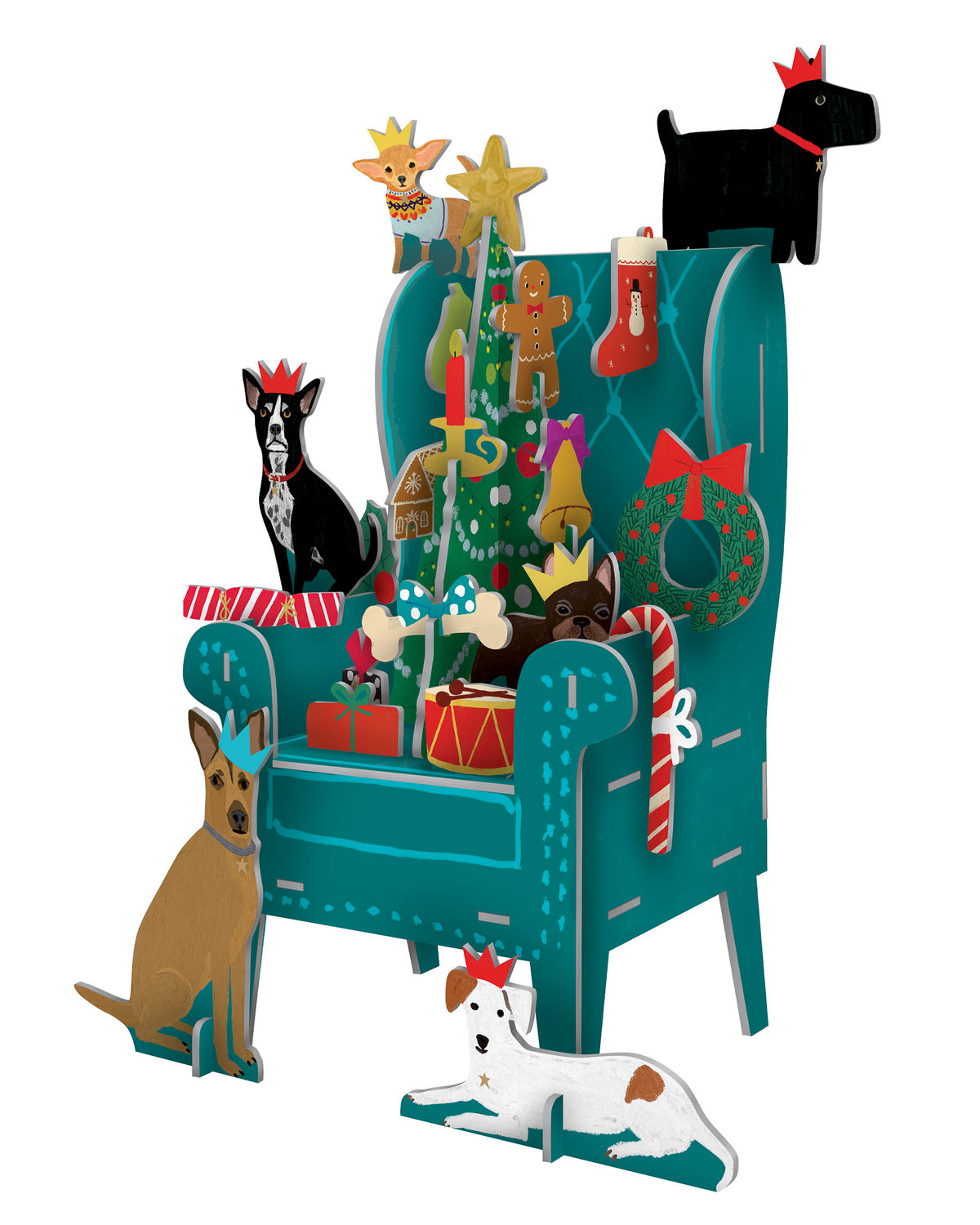 3D-Adventskalender „Pooch Perfection“ von Roger la Borde mit festlich geschmücktem Sessel, verschiedenen Hunderassen und weihnachtlichen Elementen zum Aufstellen.