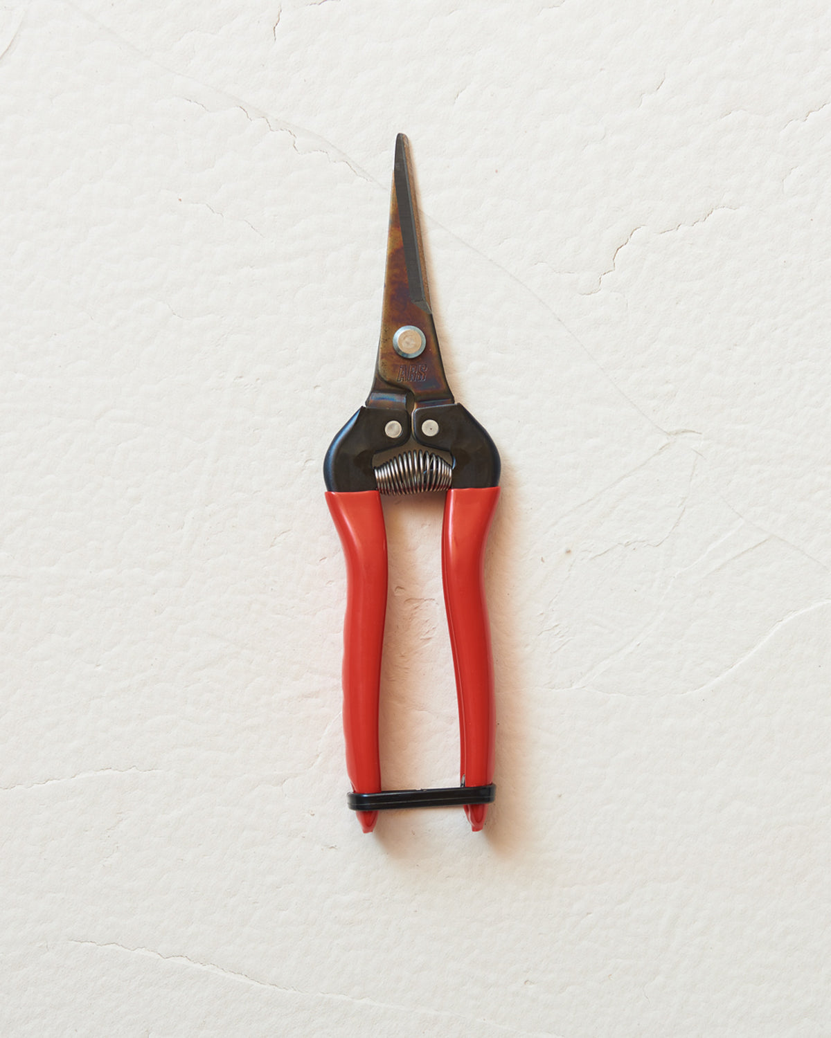 Geschlossene ARS Allzweckschere in Rot mit spitzen Klingen und ergonomischen PVC-Griffen.