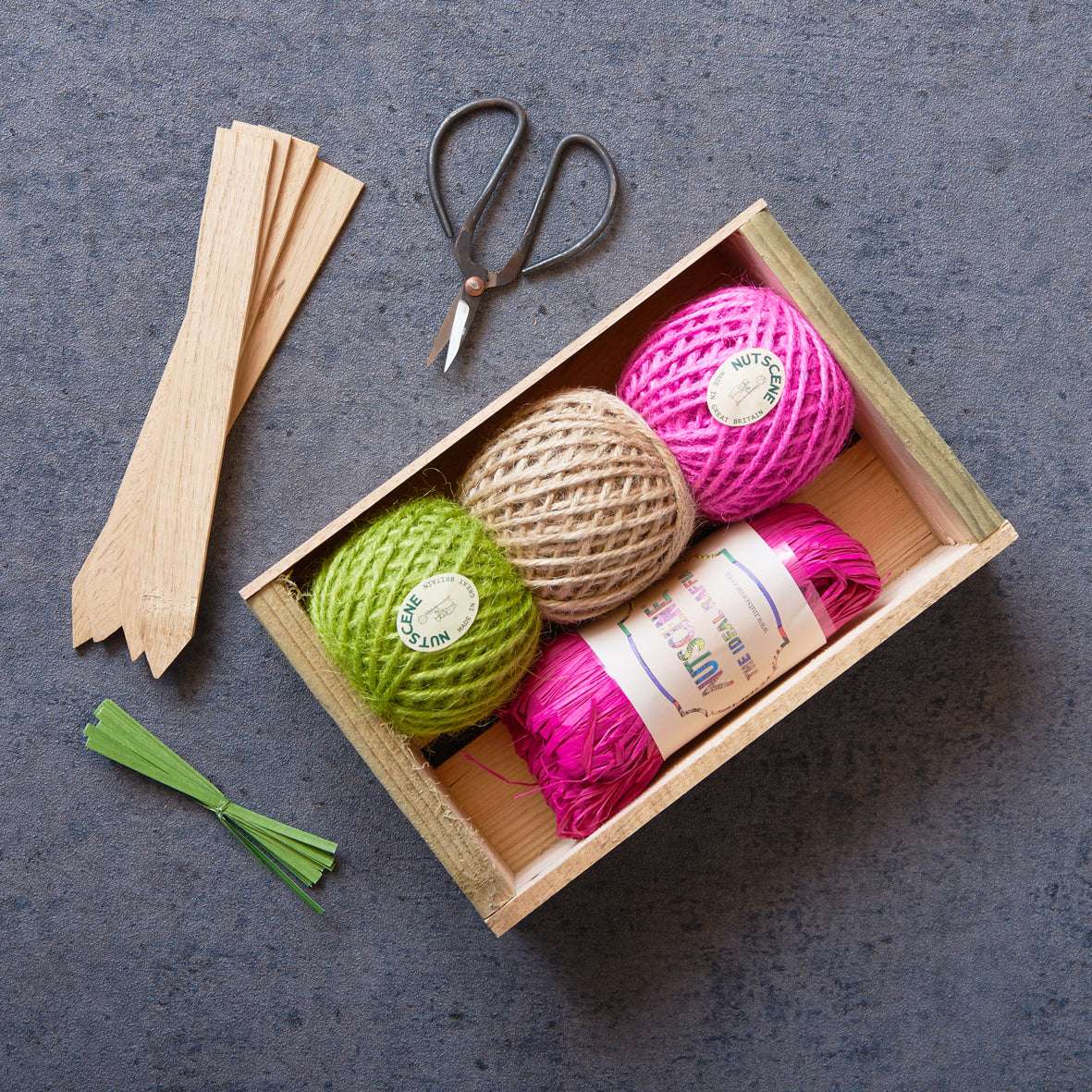 Inhalt Geschenk-Set Seed Tray hell · Juteband, Schere & Pflanzschilder