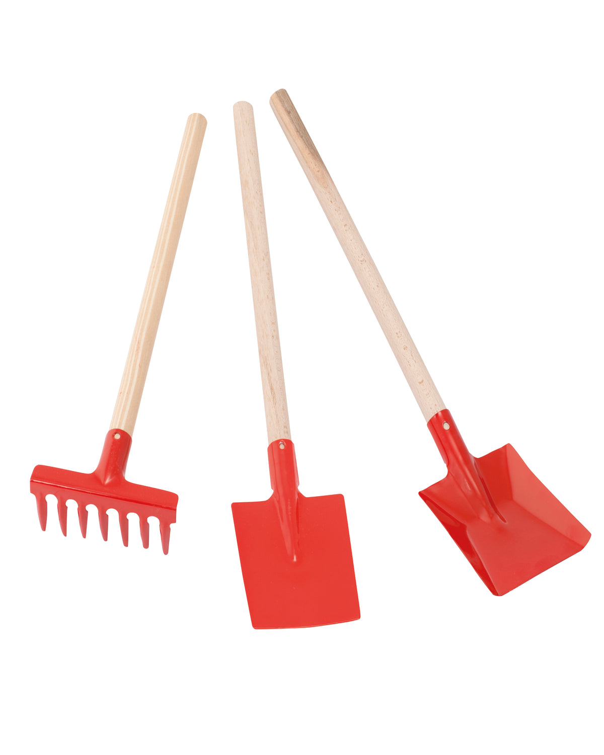 Dreiteiliges Kindergarten-Set aus Schaufel, Spaten und Harke in Rot.