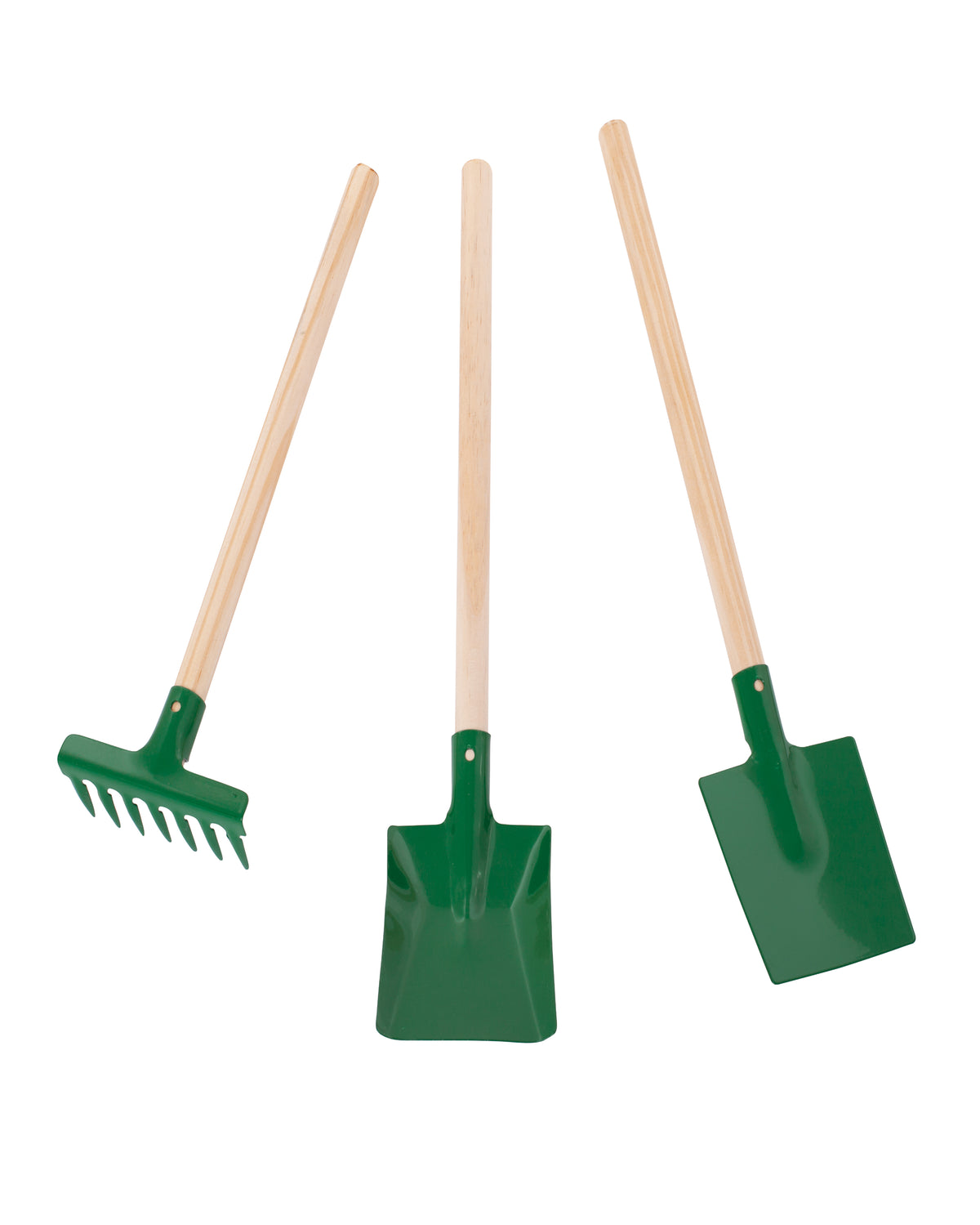 Dreiteiliges Kindergarten-Set aus Schaufel, Spaten und Harke in Grün.