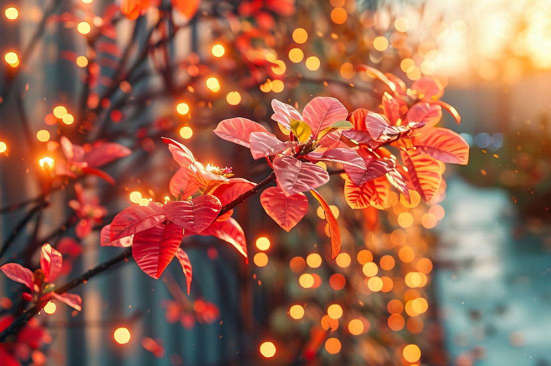 Stimmungsvolle Gartenbeleuchtung im Spätherbst mit Lichterketten und roten Blättern