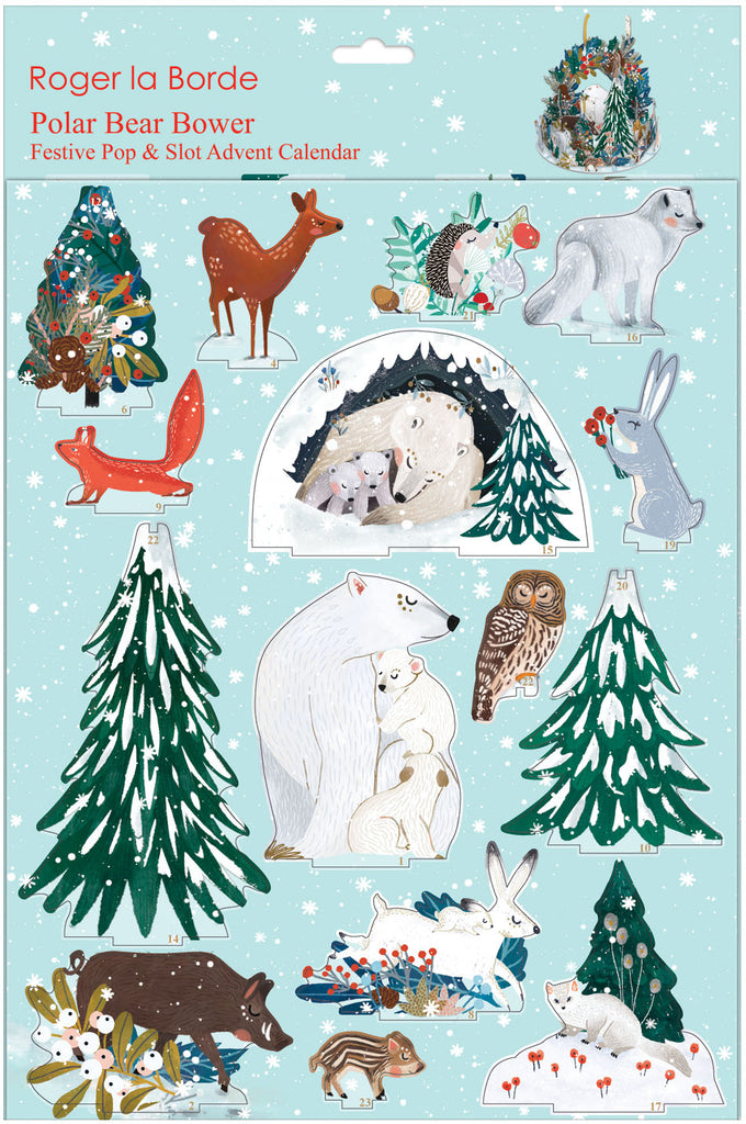 3D-Adventskalender „Eisbärenzauber“ von Roger la Borde mit winterlichem Kranz, Eisbären, Waldtieren, verschneiten Tannen und Beerenzweigen 
