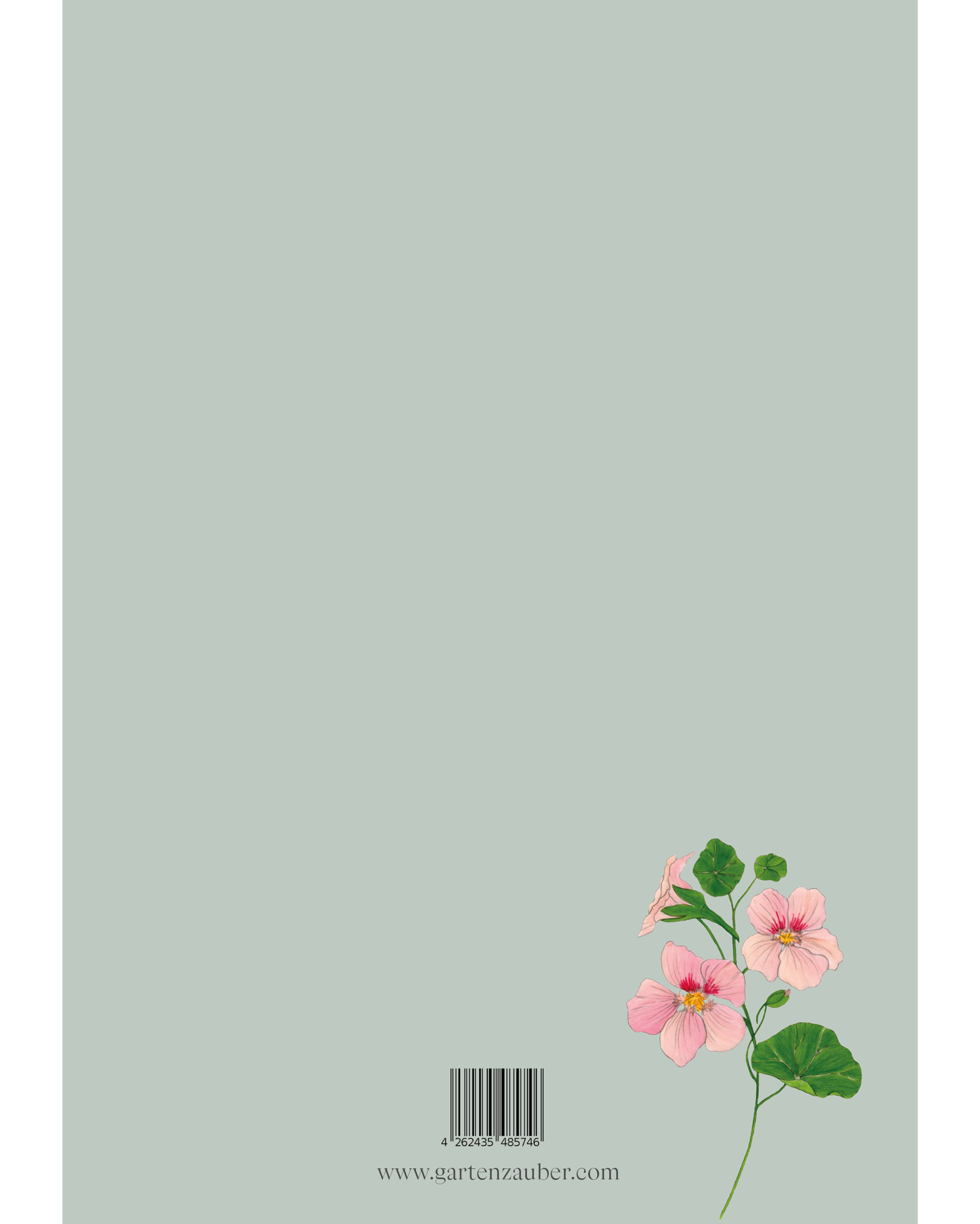 Rückseite des A5 Notizhefts Kapuzinerkresse – Gartenzauber Papeterie mit Illustration unten und Barcode.