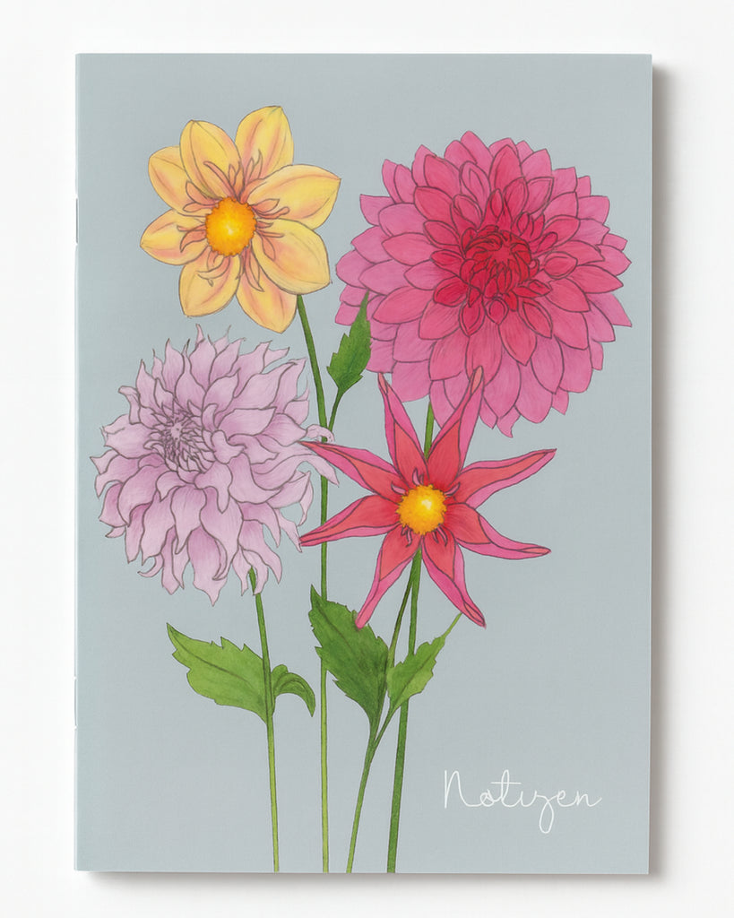Notizheft A5 mit handgezeichneten Dahlien – Gartenzauber Papeterie. 