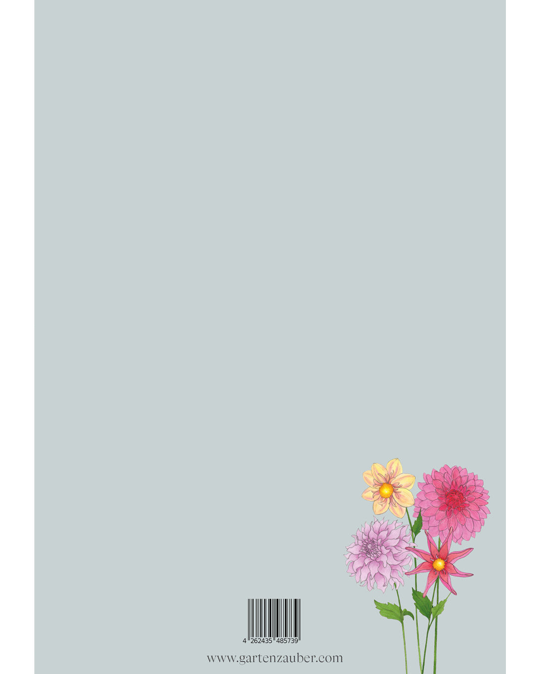 Rückseite des A5 Notizhefts Dahlien – Gartenzauber Papeterie mit Dahlienillustration und Barcode.