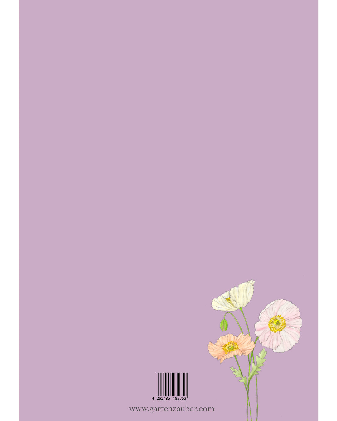 Rückseite des A5 Notizhefts Islandmohn – Gartenzauber Papeterie mit Illustration unten und Barcode.