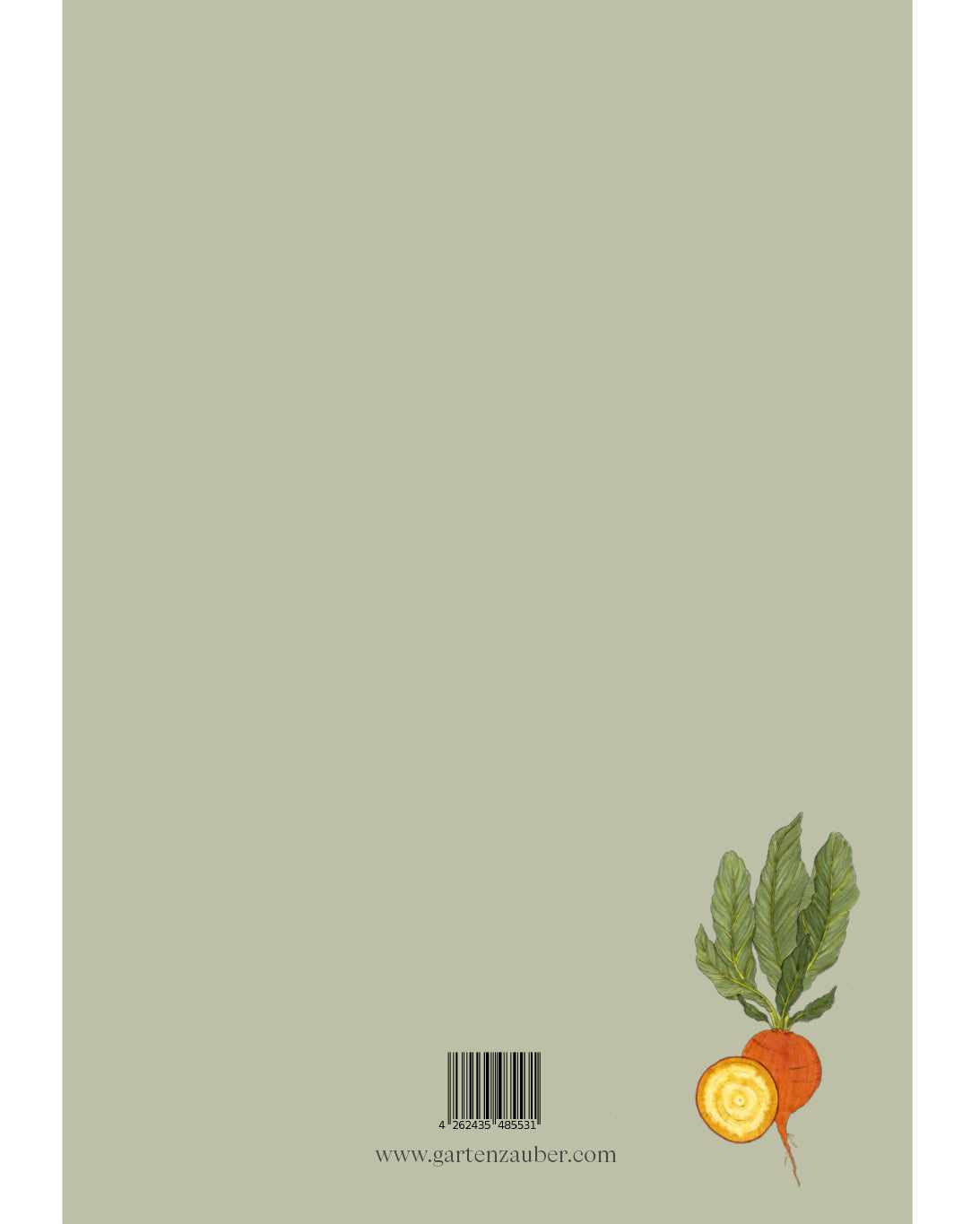 Rückseite des A5 Notizhefts Rote Bete Wintersonne – Gartenzauber Papeterie mit Illustration unten und Barcode.