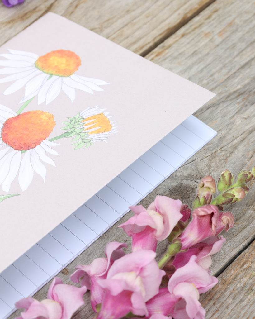 Innenansicht des A5 Notizhefts Weißer Sonnenhut – Gartenzauber Papeterie mit linierten Seiten.