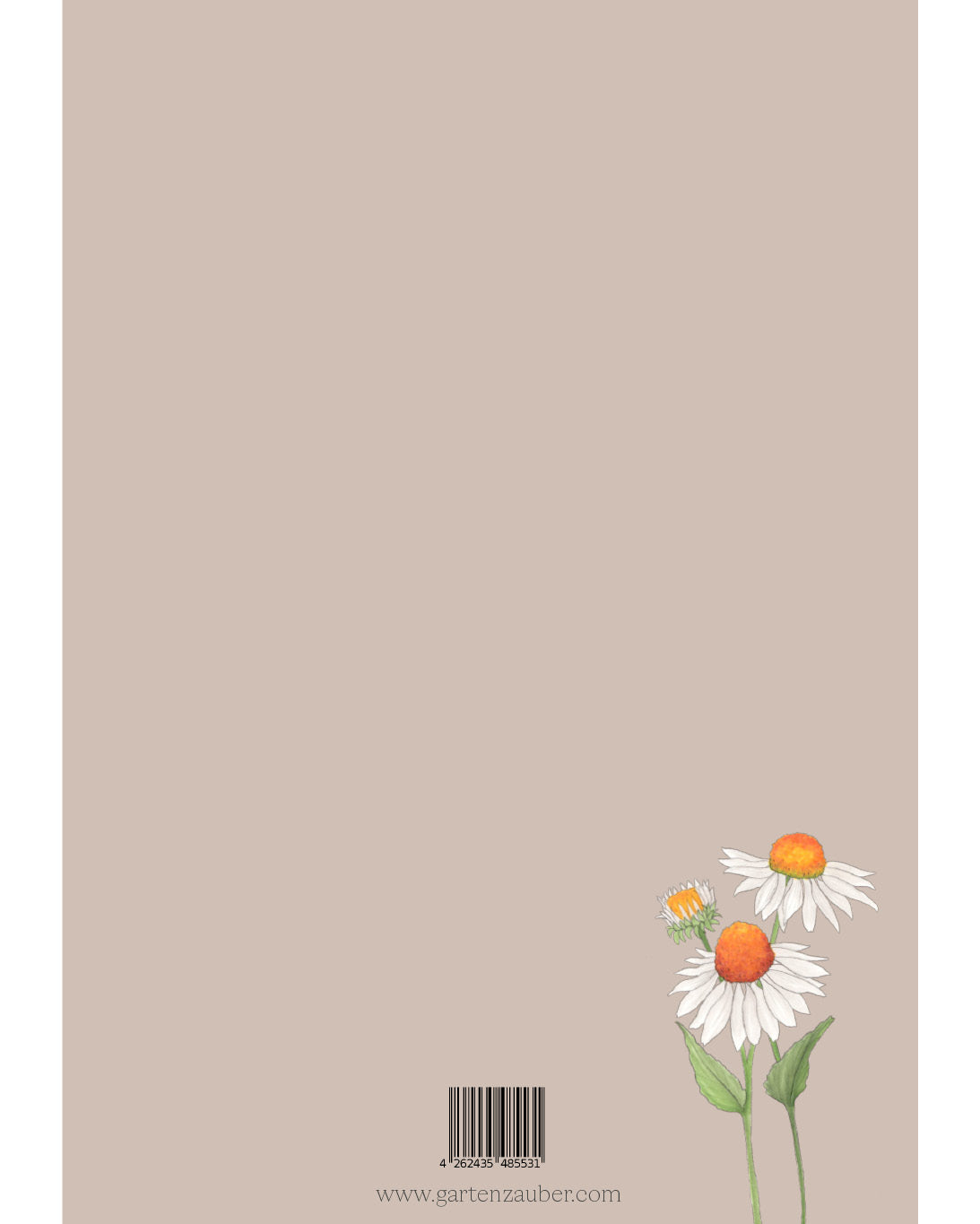 Rückseite des A5 Notizhefts Weißer Sonnenhut – Gartenzauber Papeterie mit Illustration unten und Barcode.
