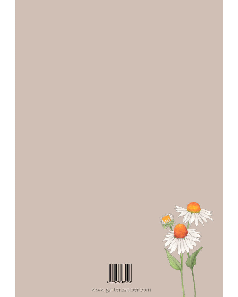 Rückseite des A5 Notizhefts Weißer Sonnenhut – Gartenzauber Papeterie mit Illustration unten und Barcode.