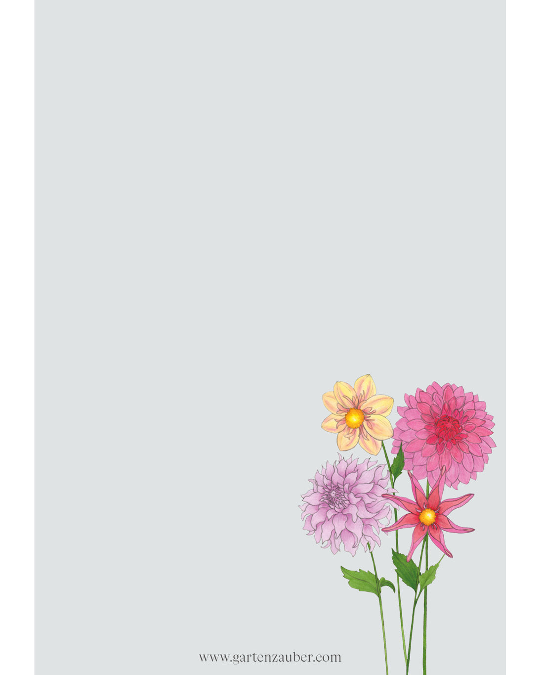 Notizblock A6 mit handgezeichneten Dahlien in Rosa-, Gelb- und Rottönen – Gartenzauber Papeterie.