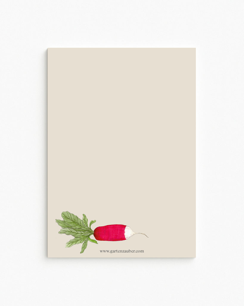 Notizblock A5 mit handgezeichnetem Radieschen-Motiv aus der Gartenzauber Papeterie – zarte Illustration.
