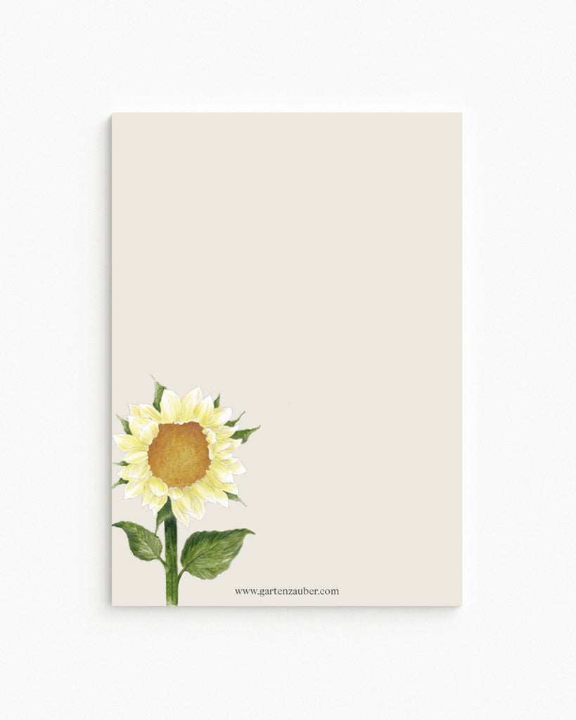 Notizblock A6 mit handgezeichneter Sonnenblume Pro Cut White Lite – Gartenzauber Papeterie. 