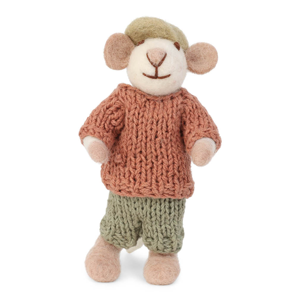 Anhaenger weisse Maus mit Kappe und Hemd Filztier von Gry und Sif