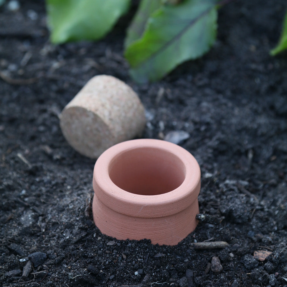 Terrakotta-Bewässerungstopf "Olla" mit abgenommenem Deckel, in Erde eingegraben. Ideal für nachhaltige Gartenbewässerung.