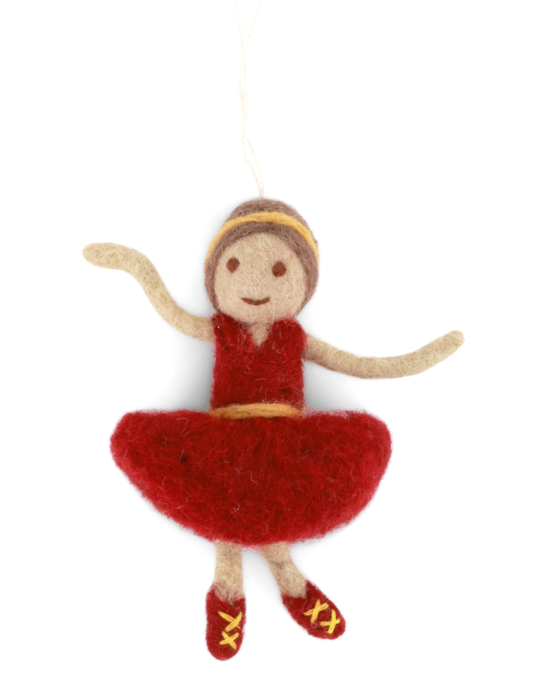 Handgefilzte rote Ballerina von Gry & Sif als Weihnachtsanhänger – festliche Dekoration im skandinavischen Stil.