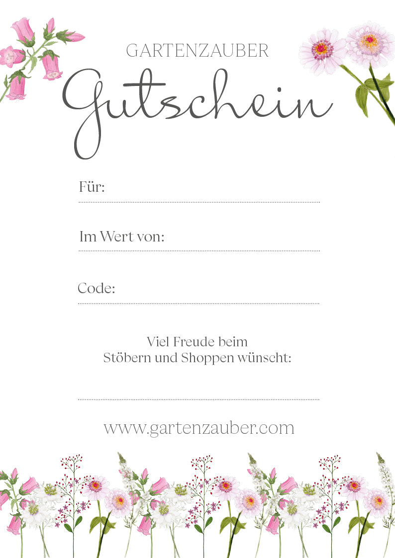 Detailansicht Gartenzauber Geschenkgutschein mit Blumenillustrationen und freien Feldern zum Eintragen