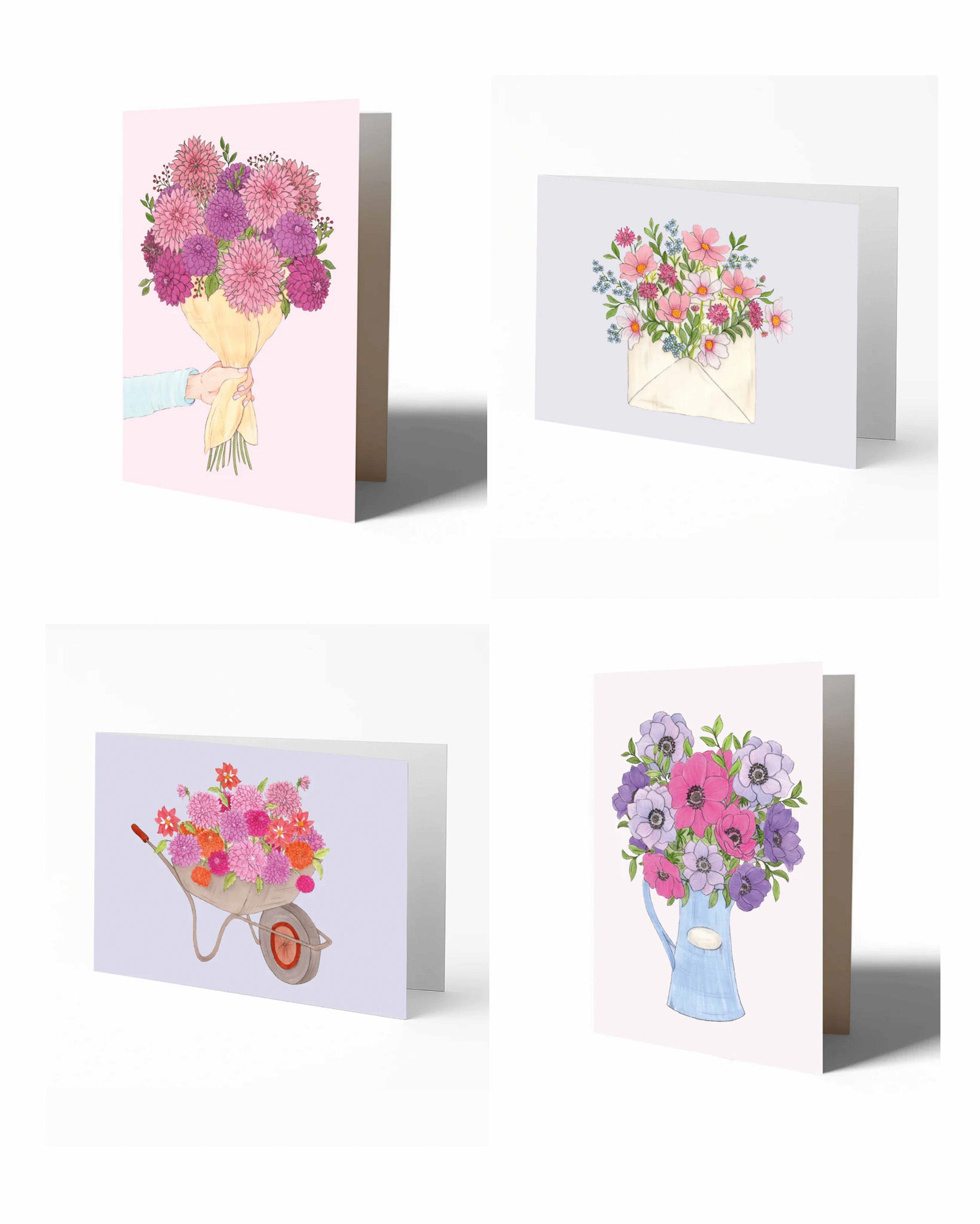 Gartenzauber Geschenkset „Blumengrüße“ mit liebevoll handgezeichneten Klappkarten: Dahlienstrauß, Blumengrüße, Schubkarre voller Blumen und Anemonenstrauß.