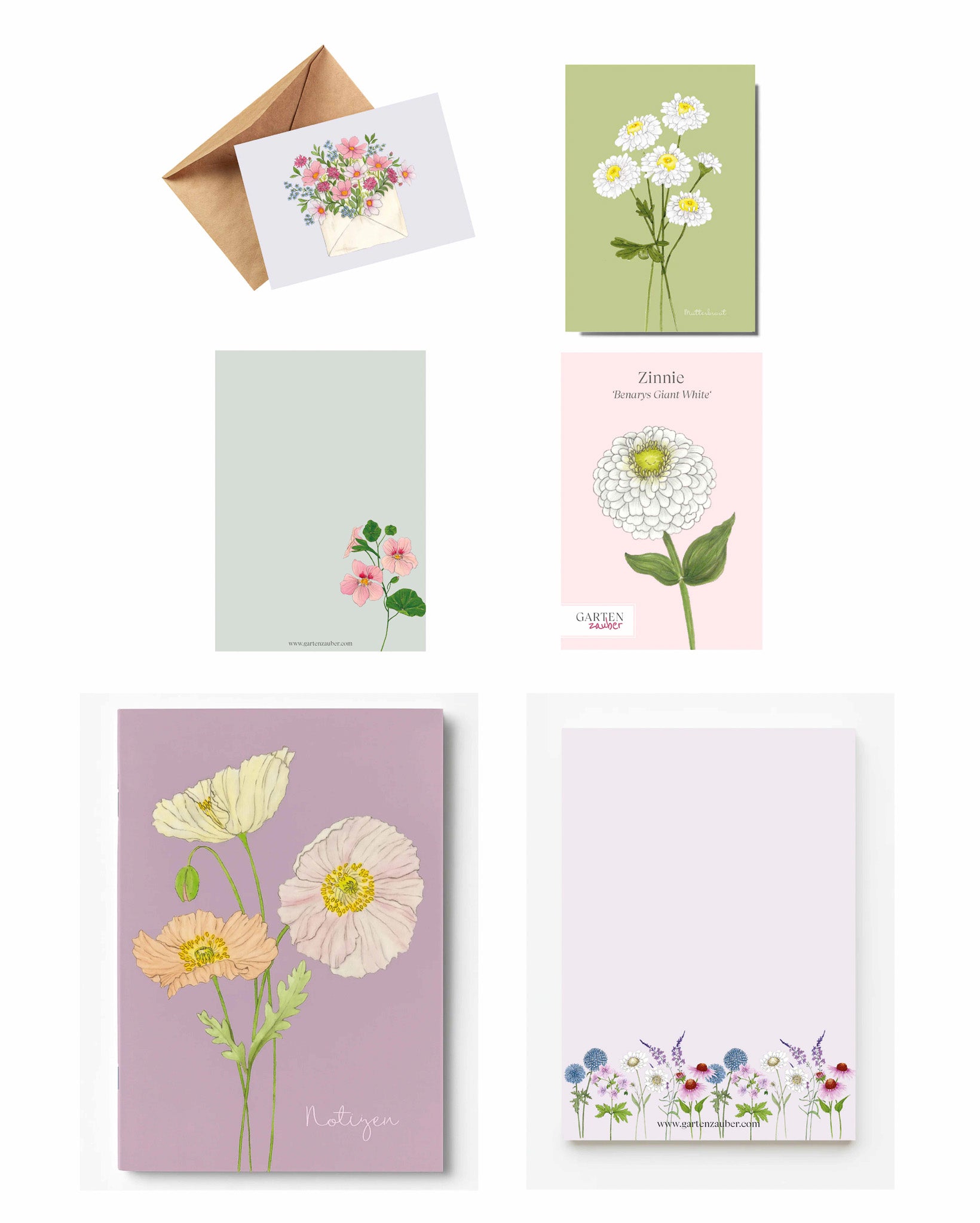 Gartenzauber Geschenkset „Blumige Vielfalt“ mit liebevoll handgezeichneten Klappkarte, Postkarte, Notizblock, Notizheft und passendem Saatgut.