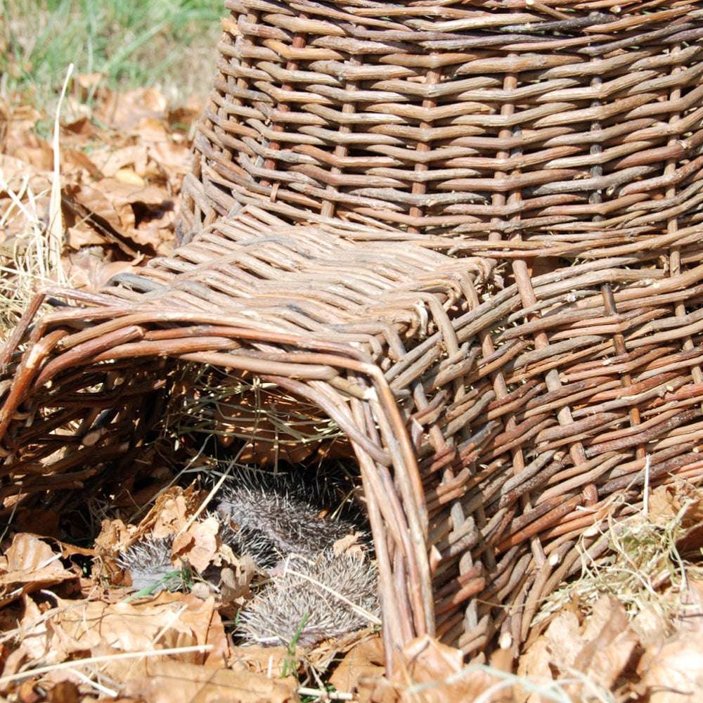 Handgeflochtener Igelkorb mit Laub befüllt