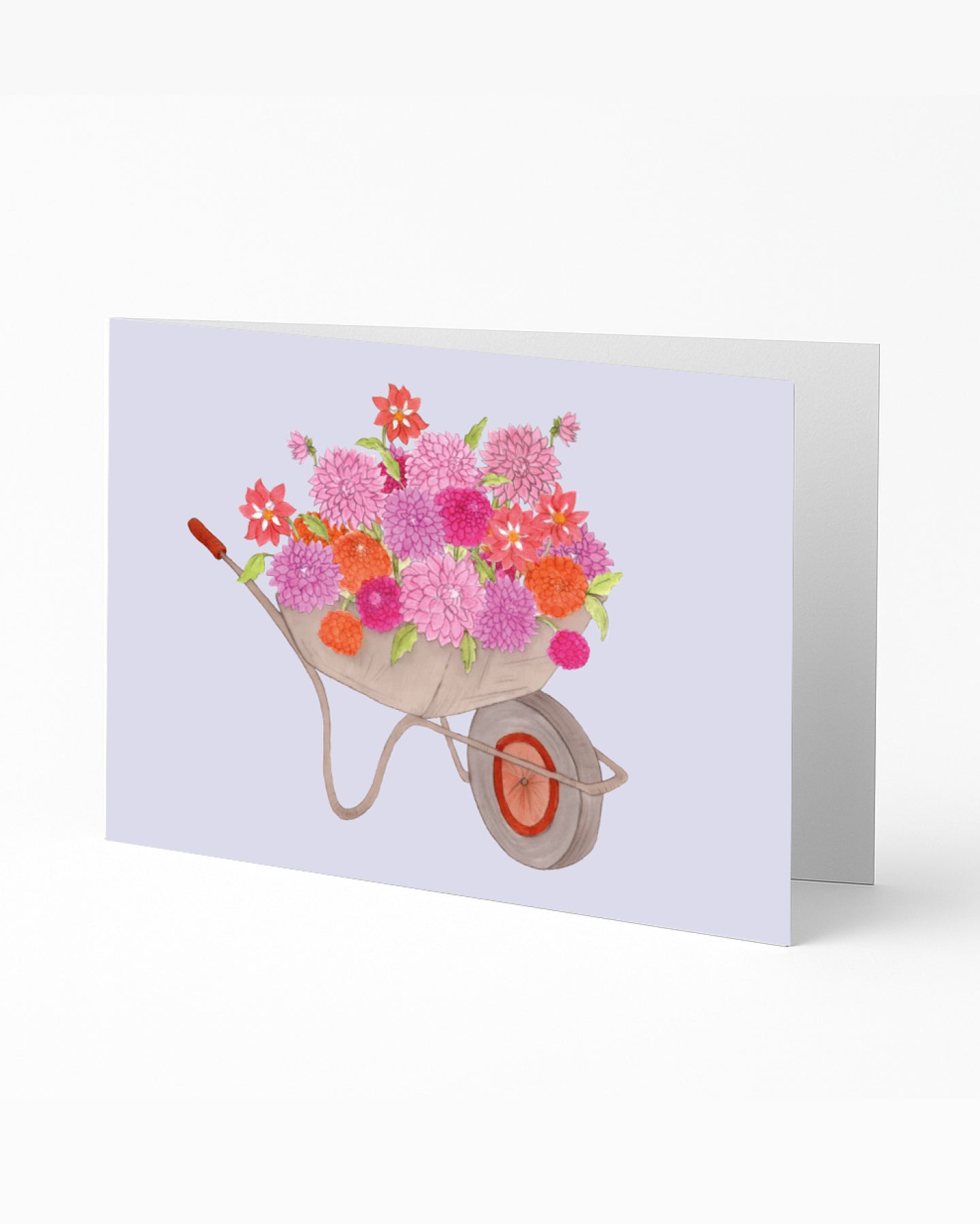 Handgezeichnete Klappkarte mit einer Schubkarre voller Dahlien im Querformat– Gartenzauber Papeterie
