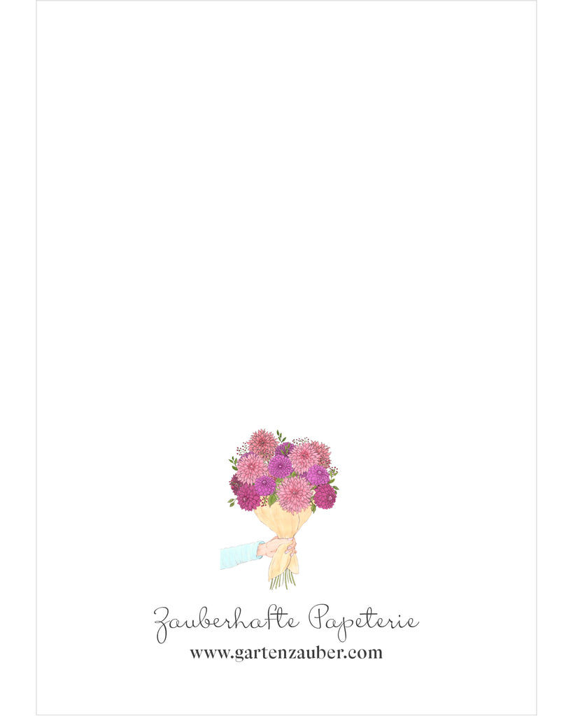 Rückseite der Klappkarte Blumenstrauß – Gartenzauber Papeterie mit floraler Miniaturillustration und Logo.