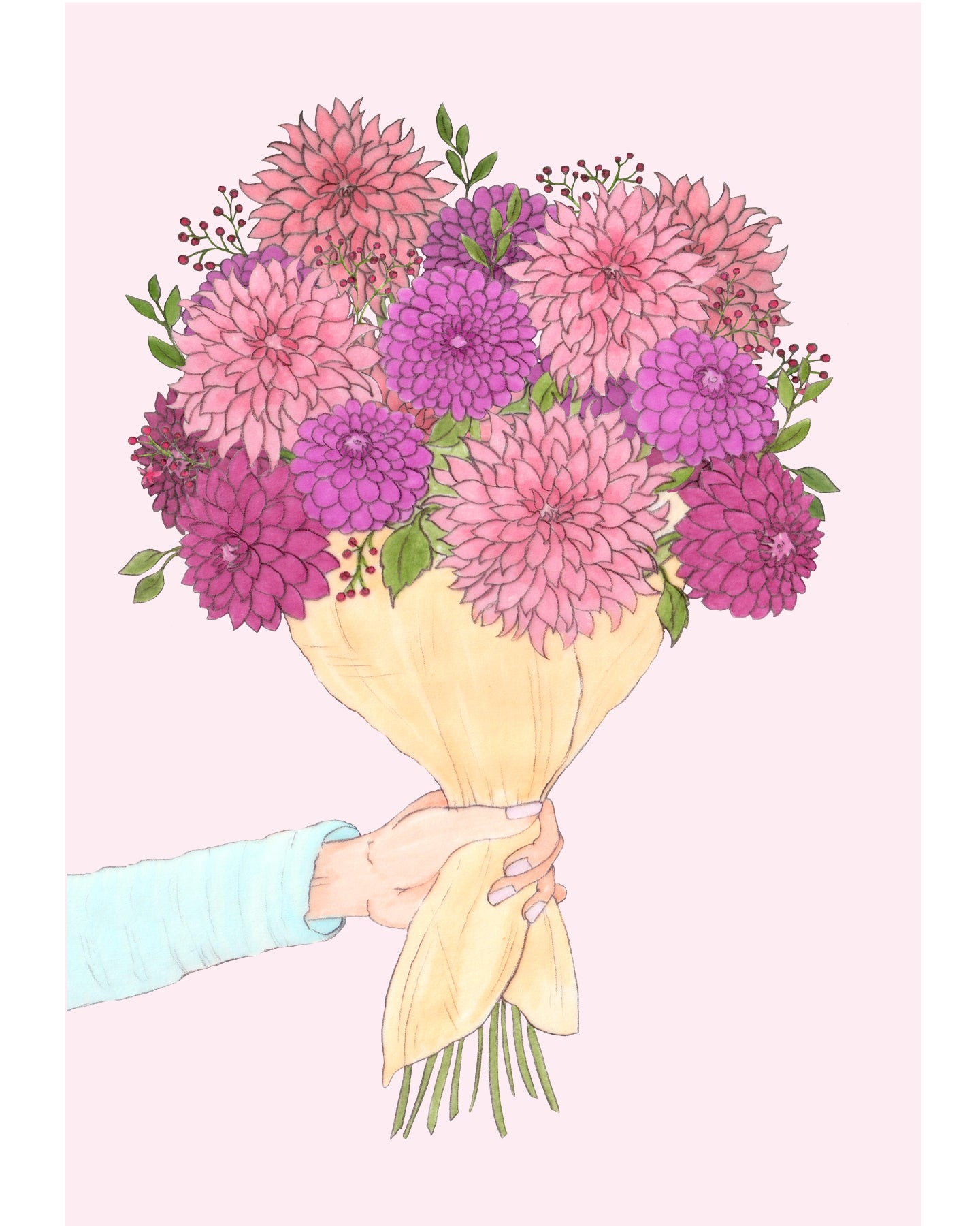 Handgezeichnete Klappkarte Blumenstrauß in Rosa und Lila – Gartenzauber Papeterie.