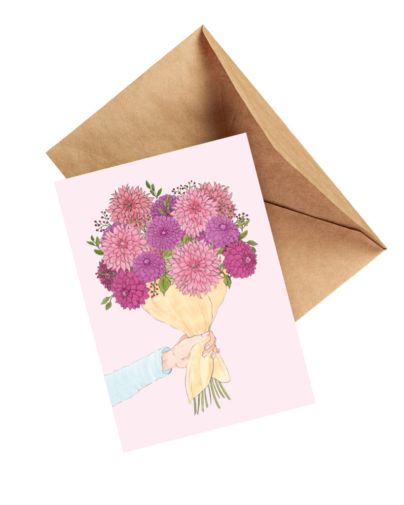 Handgezeichnete Klappkarte Blumenstrauß in Rosa und Lila aus der Gartenzauber Papeterie – mit Umschlag, detailreich illustriert.