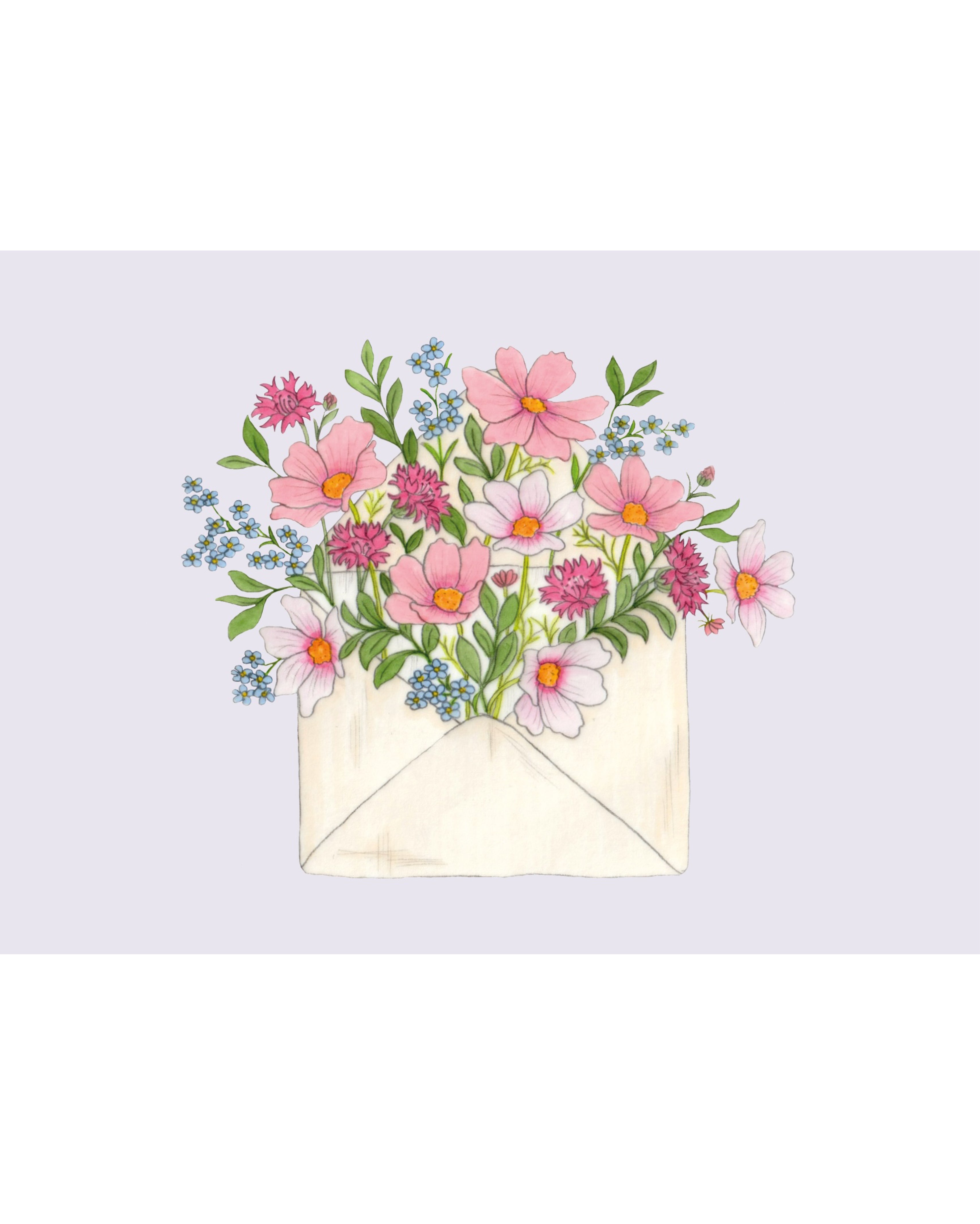 Klappkarte Brief mit Blumen – Gartenzauber Papeterie, detailreich illustriert in zarten rose, grün und blau Tönen.