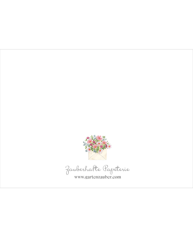 Rückseite der Klappkarte Brief mit Blumen – Gartenzauber Papeterie mit floraler Miniaturillustration und Logo.