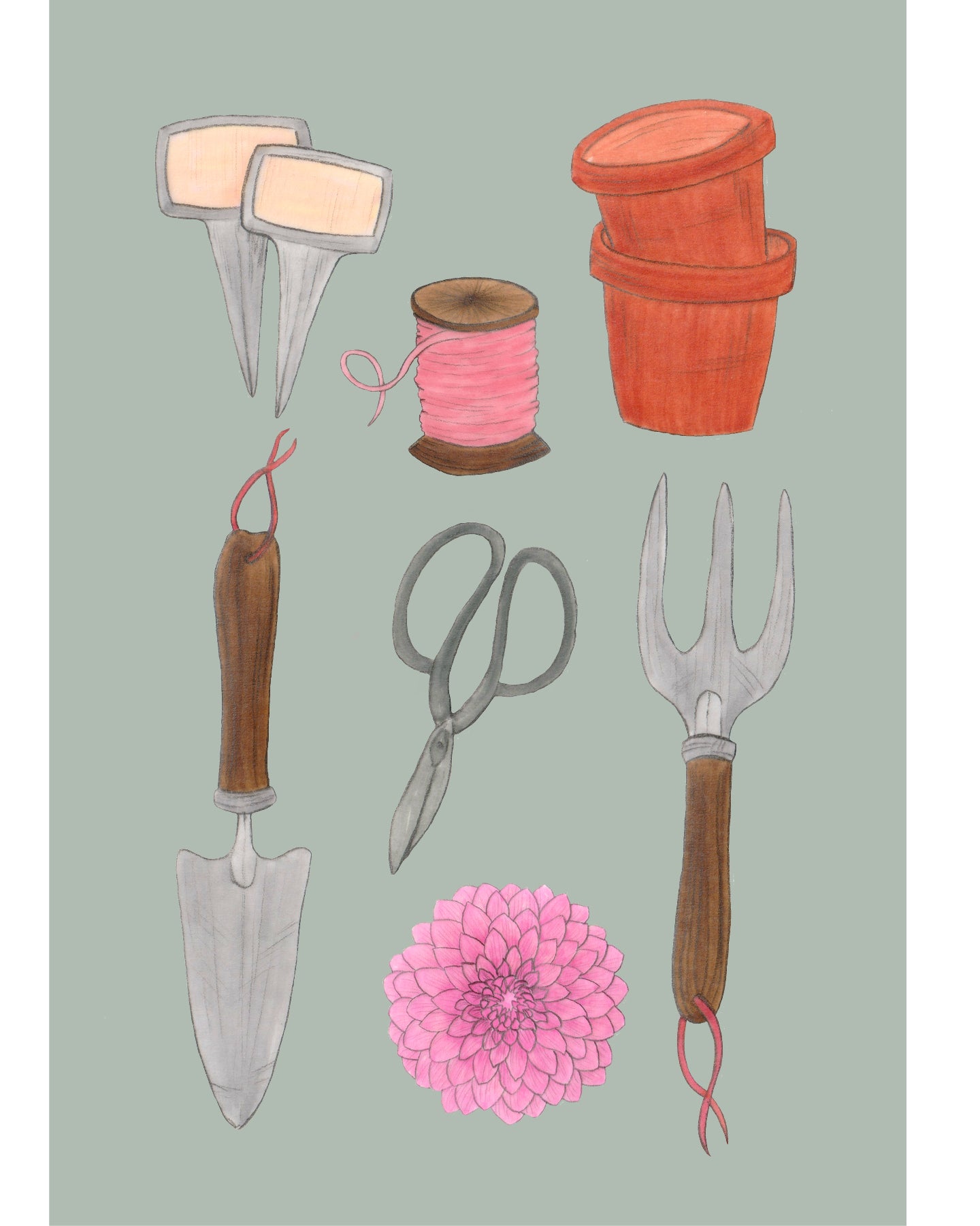 Klappkarte mit Gartengeräten – Gartenzauber Papeterie, detailreich illustriert in harmonischen Farbnuancen.