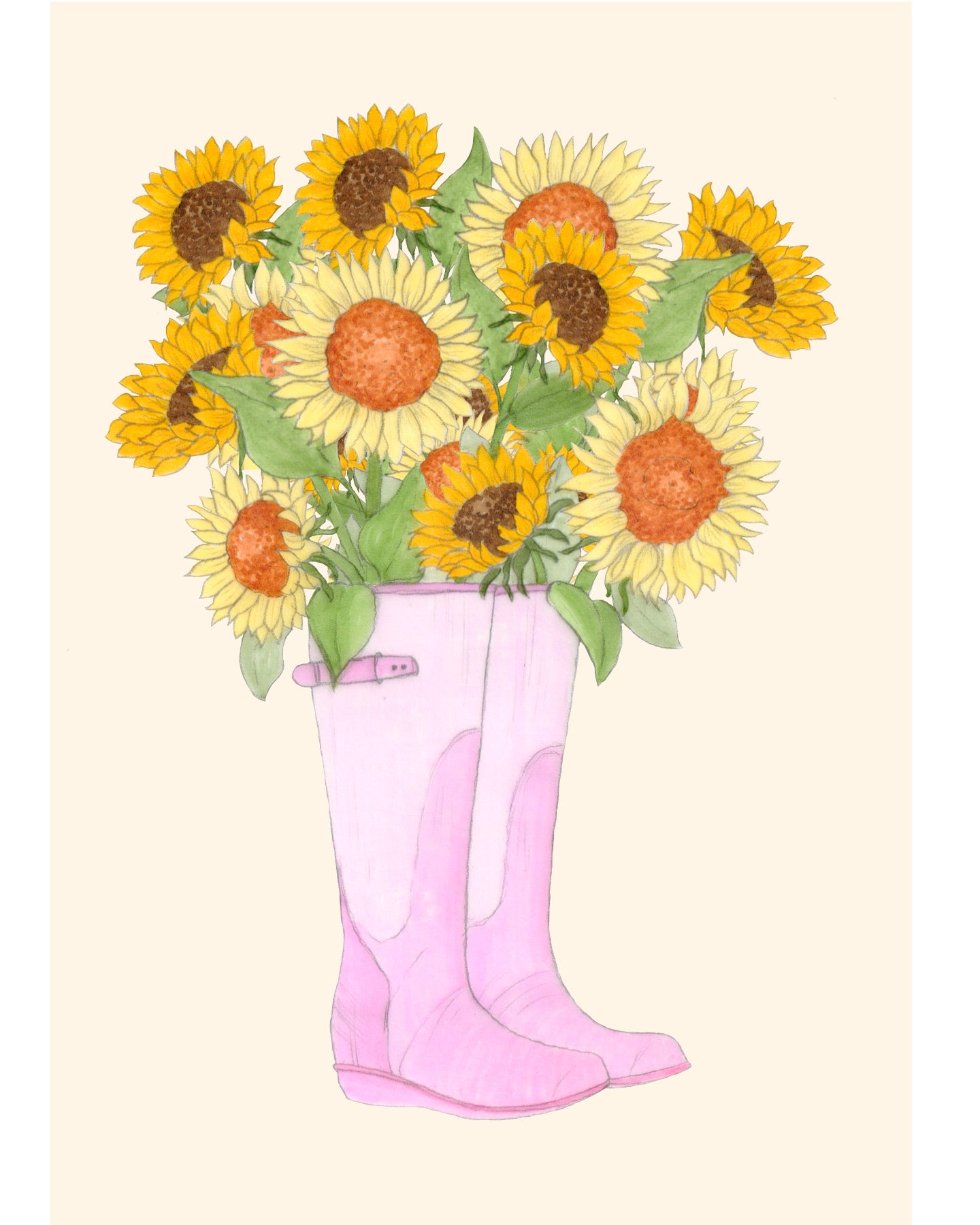Handgezeichnete Klappkarte mit Sonnenblumenstrauß in rosa Gummistiefeln aus der Gartenzauber Papeterie – fröhliches Blumenmotiv, liebevoll illustriert.