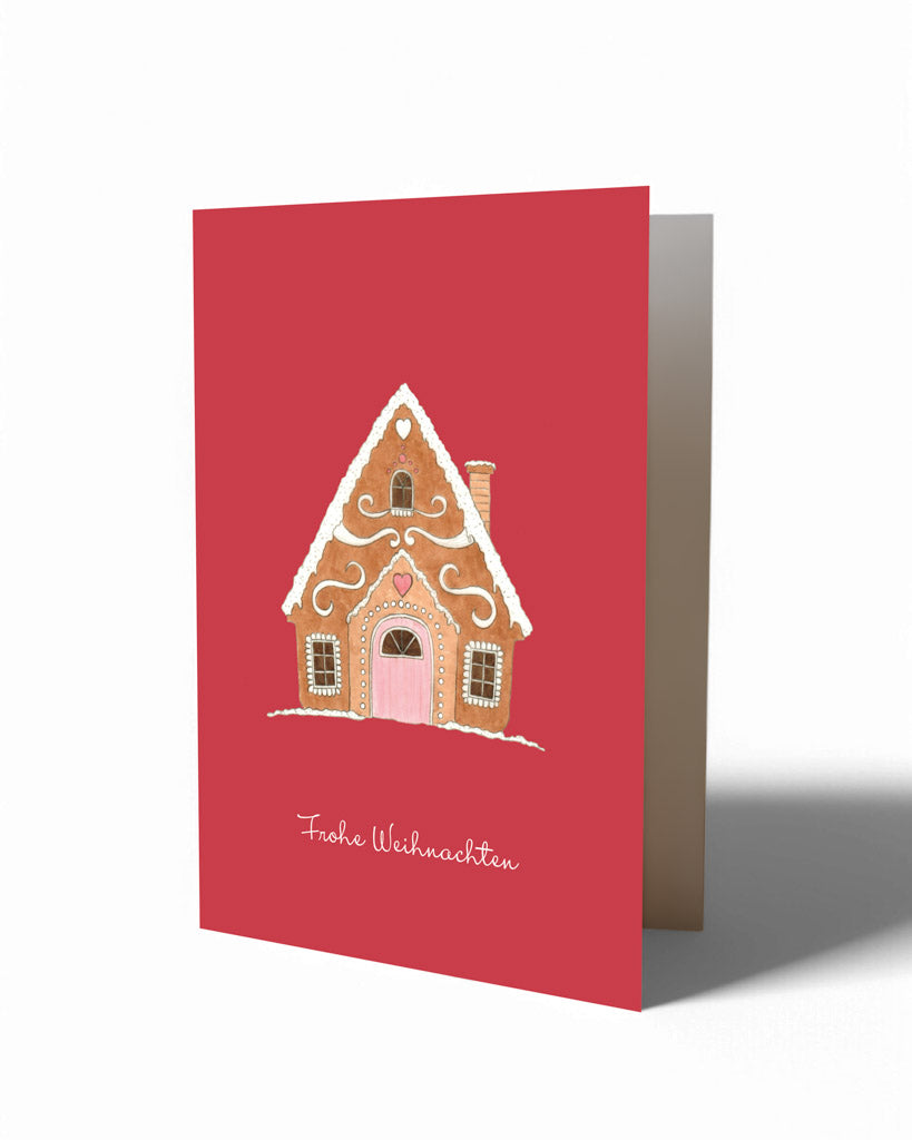 Handgezeichnete Klappkarte mit Lebkuchenhaus – Gartenzauber Papeterie