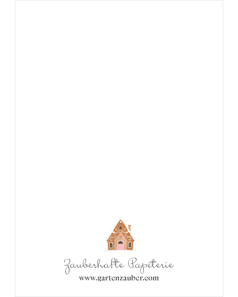 Rückseite der Klappkarte mit Lebkuchenhaus  – Gartenzauber Papeterie mit Miniaturillustration und Logo.