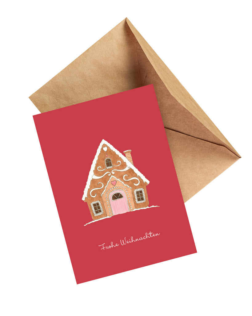 Handgezeichnete Klappkarte mit Lebkuchenhaus aus der Gartenzauber Papeterie – mit Umschlag, detailreich illustriert.