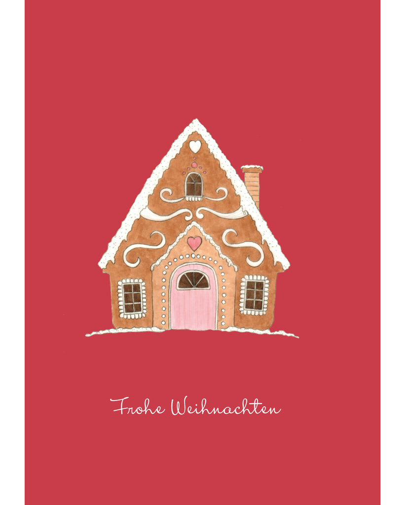 Handgezeichnete Klappkarte mit Lebkuchenhaus – Gartenzauber Papeterie