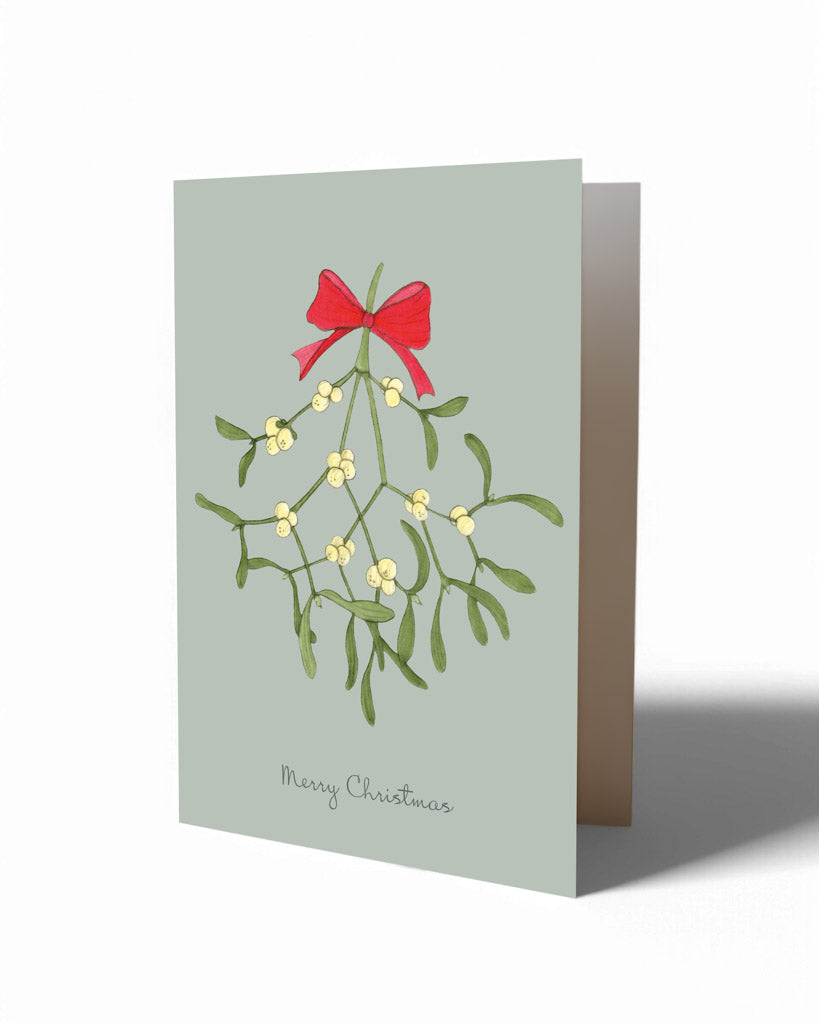 Klappkarte Mistelzweig mit roter Schleife – handgezeichnet aus der Gartenzauber Papeterie.