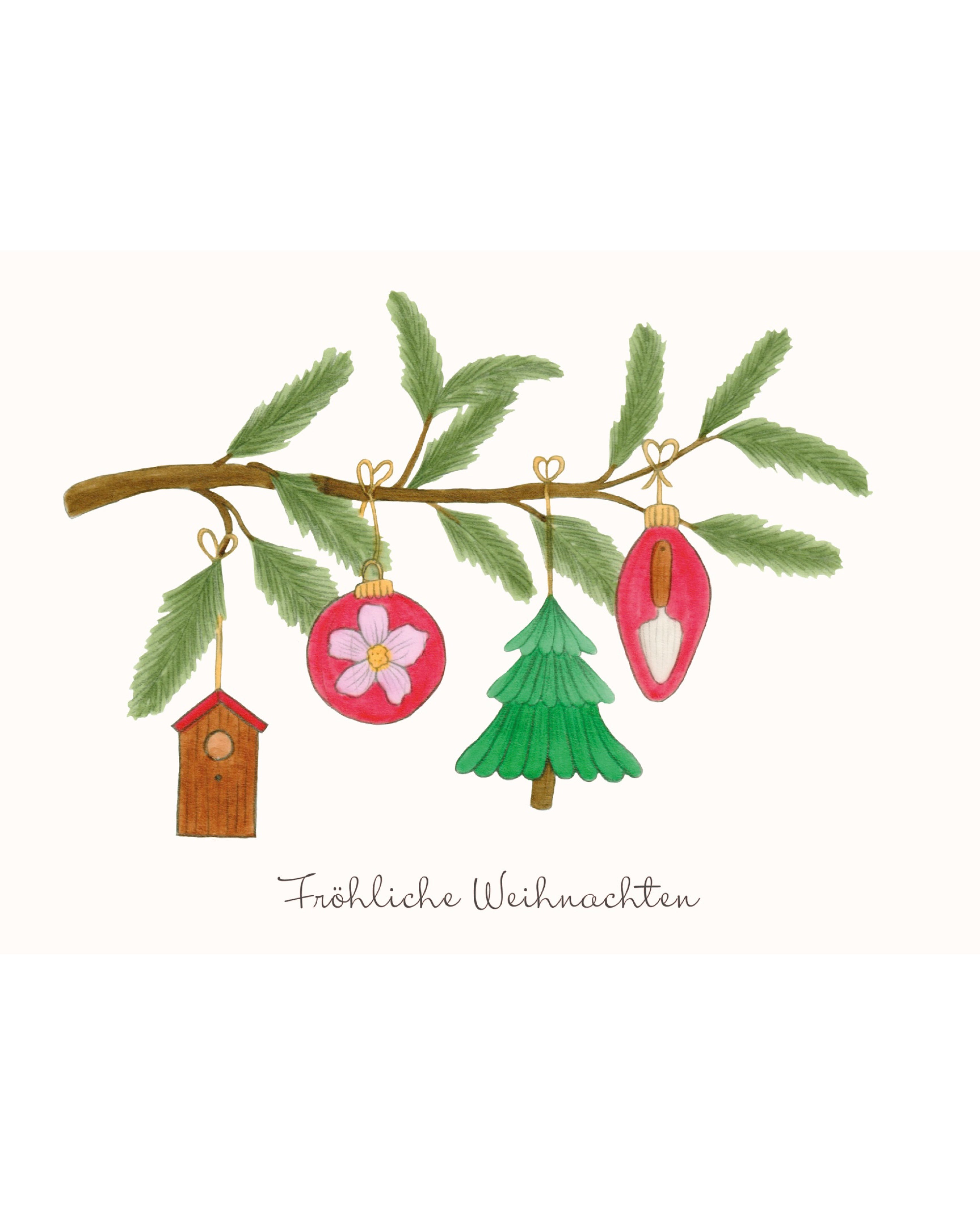 Handgezeichnete Klappkarte mit Tannenzweig und Weihnachtsschmuck aus der Gartenzauber Papeterie – detailreiche Illustration mit nostalgischen Ornamenten.