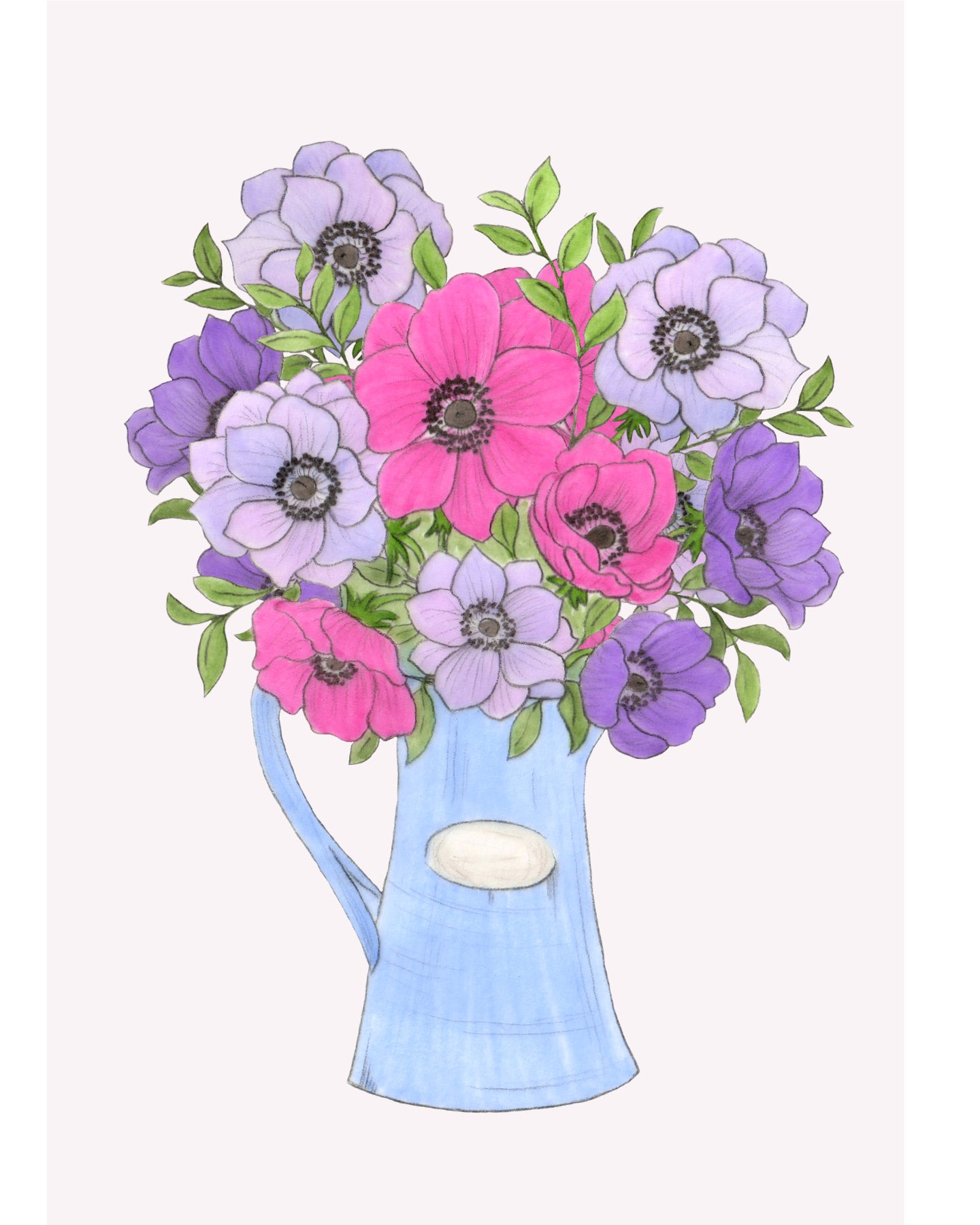 Klappkarte mit handgezeichnetem Anemonenstrauß im Krug – Gartenzauber Papeterie, detailreich illustriert in Rosa- und Lilatönen.