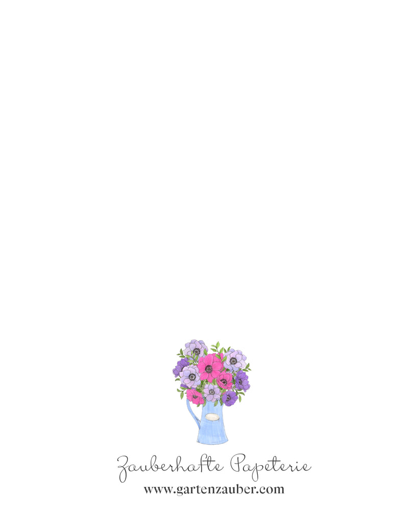 Rückseite der Klappkarte Anemonenstrauß im Krug – Gartenzauber Papeterie mit floraler Miniaturillustration und Logo.