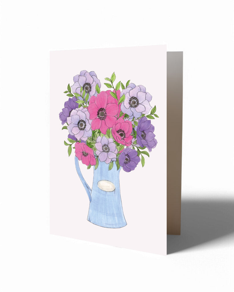 Klappkarte Anemonenstrauß im blauen Krug – handgezeichnet aus der Gartenzauber Papeterie.