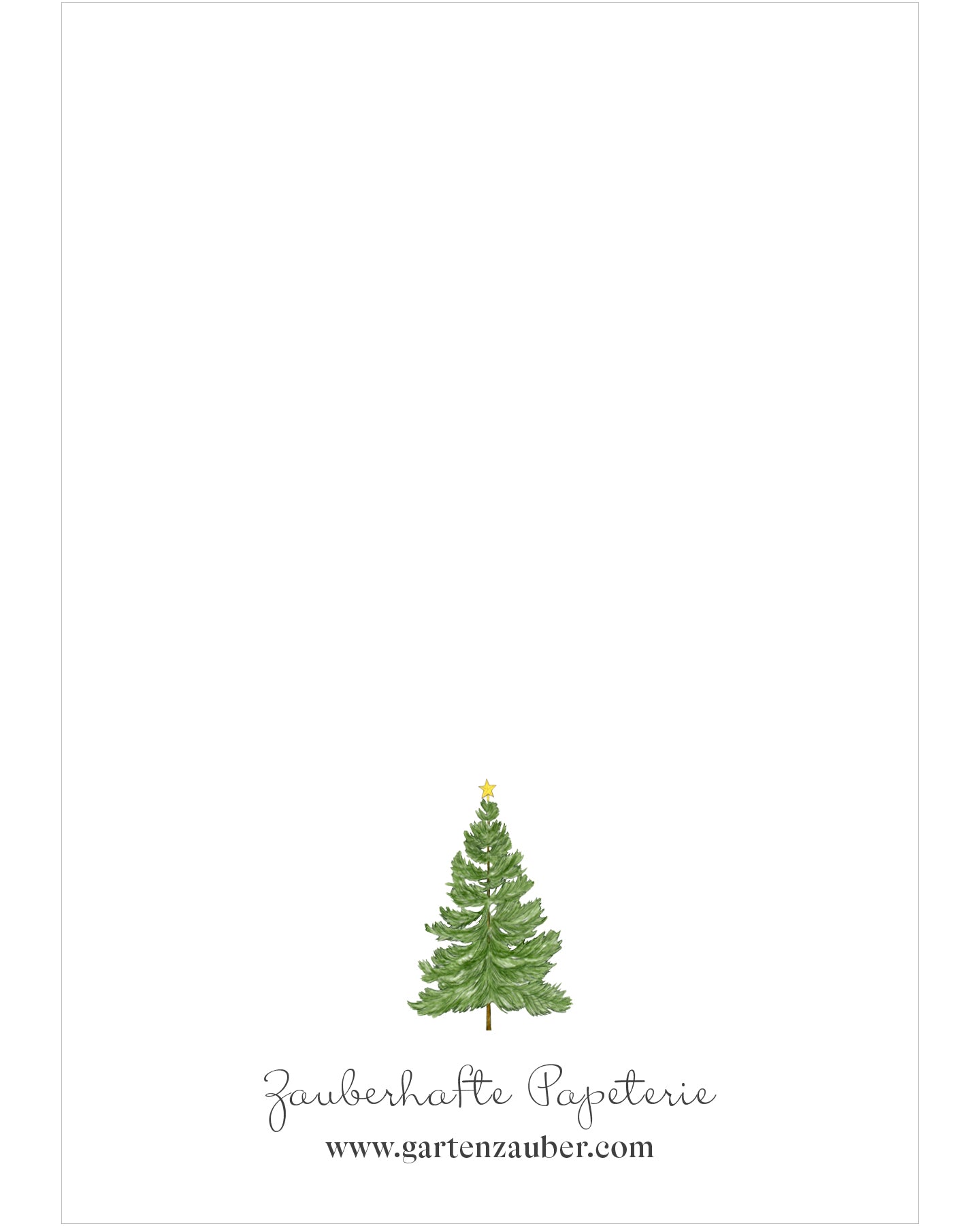 Rückseite der Klappkarte mit Tannenbaum und Stern – Gartenzauber Papeterie mit Miniaturillustration und Logo.